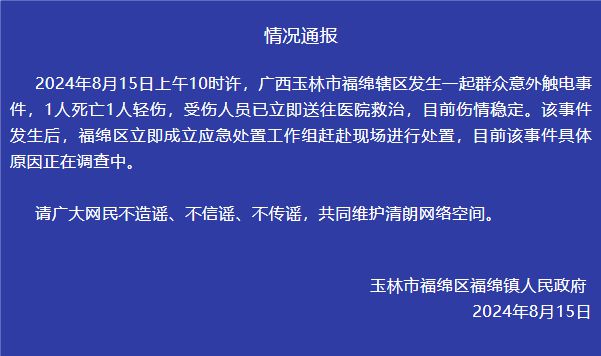 广西玉林通报“一起群众意外触电事件”：1人死亡1人轻伤，具体原因正在调查中-萌番资讯网