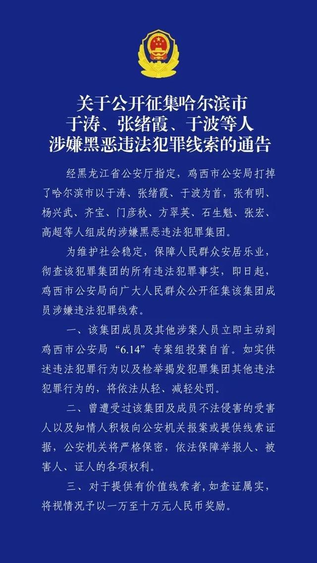 图片[2]-哈尔滨市公安局原副局长于涛涉黑恶犯罪，警方征集线索最高奖励10万元-萌番资讯网