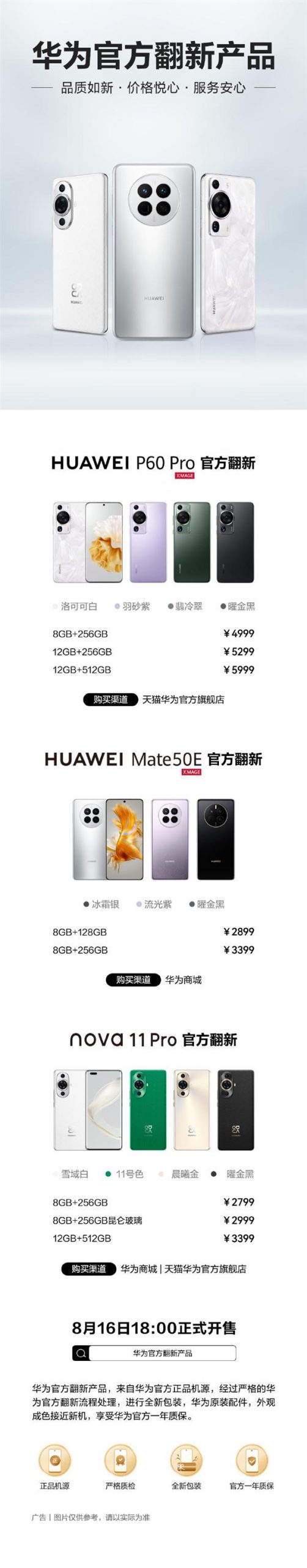 一年质保！华为Mate 50E、nova 11 Pro、P60 Pro官方翻新版开售：2799元起-欣猫博客