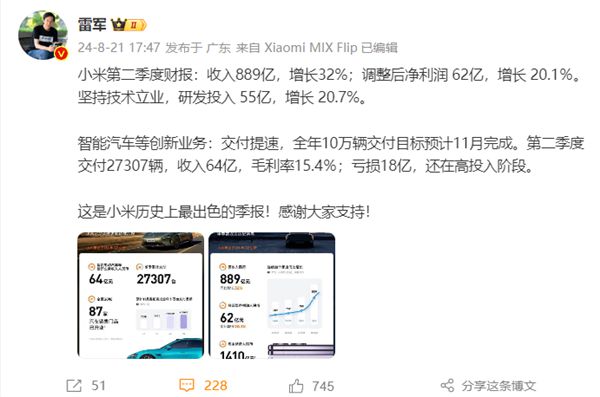 二季度经调整净利润达62亿元！雷军：这是小米历史上最出色季报-欣猫博客