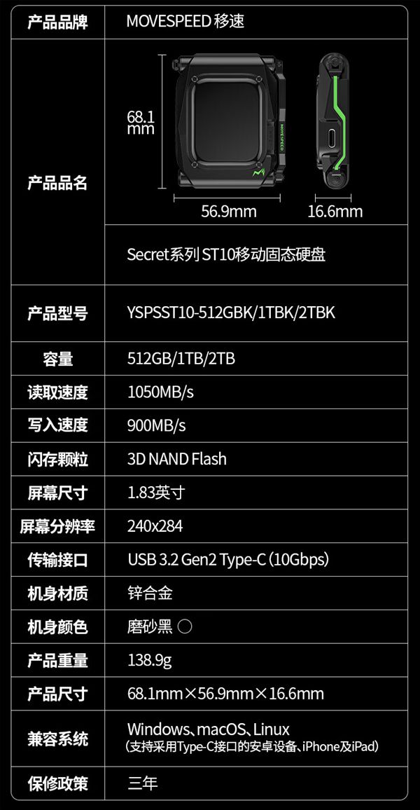 1TB/1299元！移速发布ST10移动硬盘：自带触控屏、一键加密-欣猫博客