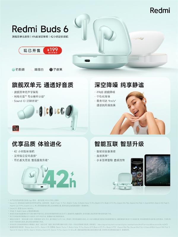 199元 Redmi Buds 6耳机发布：至高续航42小时-欣猫博客