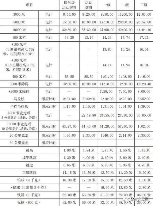 最新田径运动员技术等级标准